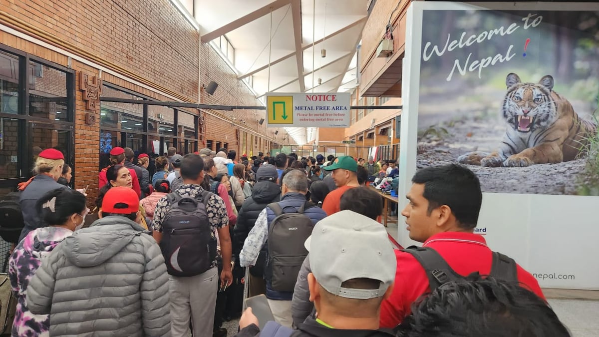 'Welcome to Nepal' says a promotional poster to visitors at Kathmandu Airport arrivals. Photo: KUNDA DIXIT