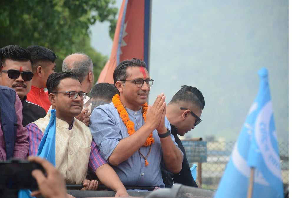 Swarnim Wagle of the Rastriya Swatantra Party addresses supporters at a victory rally in Damauli on Tuesday after being elected to the house from Tanahu-1. Photo: KRISHNA NEUPANE/RSS