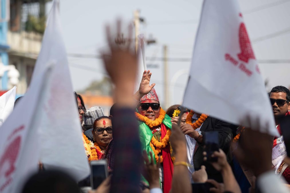 Resham Chaudhary waves to supporters after being released from prison on Monday. Photos: SUMAN NEPALI