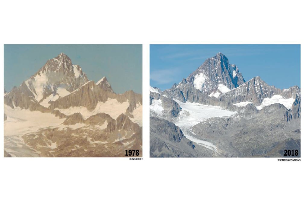 MELTDOWN: Schreckhorn (4,078m) in 1978 and in 2018.