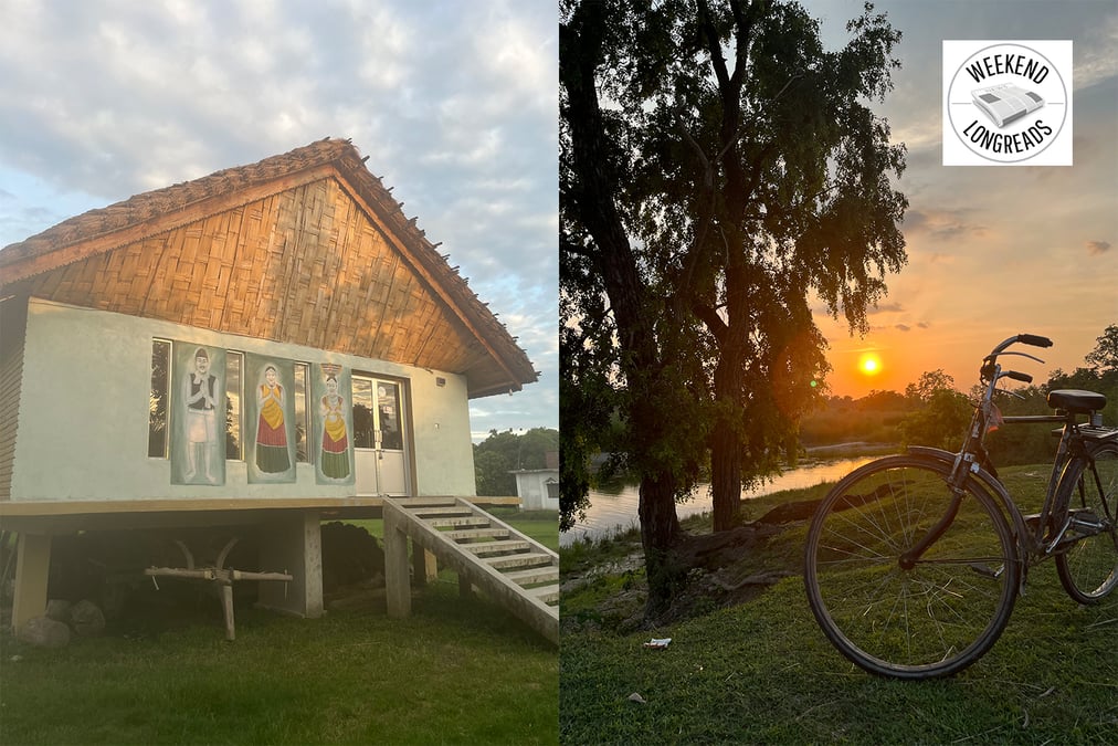 The community hall in Dalla village that hosts meetings and events and features murals of Tharu dress (left). A sunset in Dalla community forest, an important wildlife corridor supported in part by the homestay program’s revenue. All photos: JACK SHANGRAW