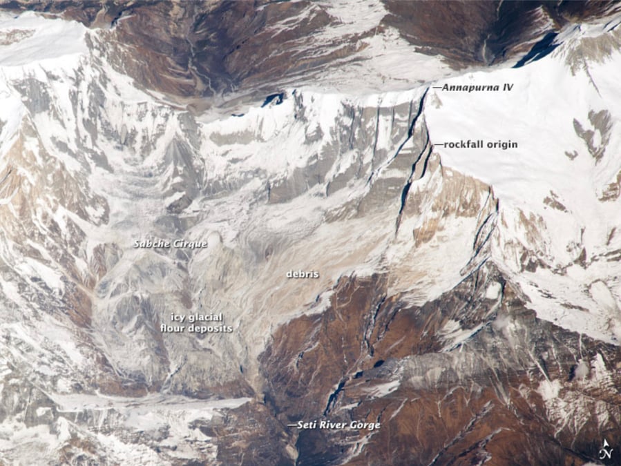 Nasa satellite image taken in December 2013 shows fresh dust from the rockfall the previous year on the Sabche Cirque. Photo: NASA
