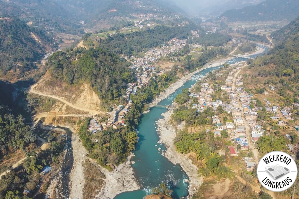 A drone shot of Arughat Bazar, one of the biggest settlements on the Budi Gandaki River valley bordering Gorkha and Dhading districts. Photos: NABIN BARAL