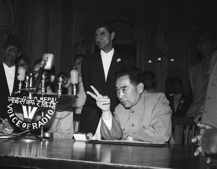 Chinese Prime Minister Chou Enlai with his Nepali counterpart B P Koirala at a press conference held in Kathmandu during his second visit to Nepal in 1960.