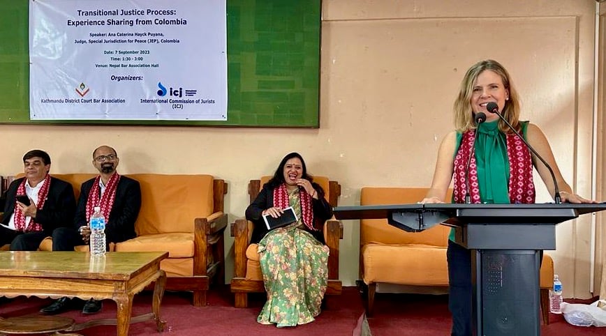 Judge Caterina Heyck speaking at a recent programme in Nepal. PHOTO: ICJ