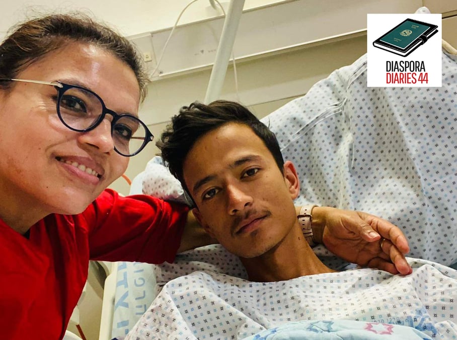 Prabha Ghimire with Prabin Dangi at a hospital in Jerusalem after Dangi who was shot in both the legs during the Hamas attack this week. All photos courtesy of Prabha Ghimire.