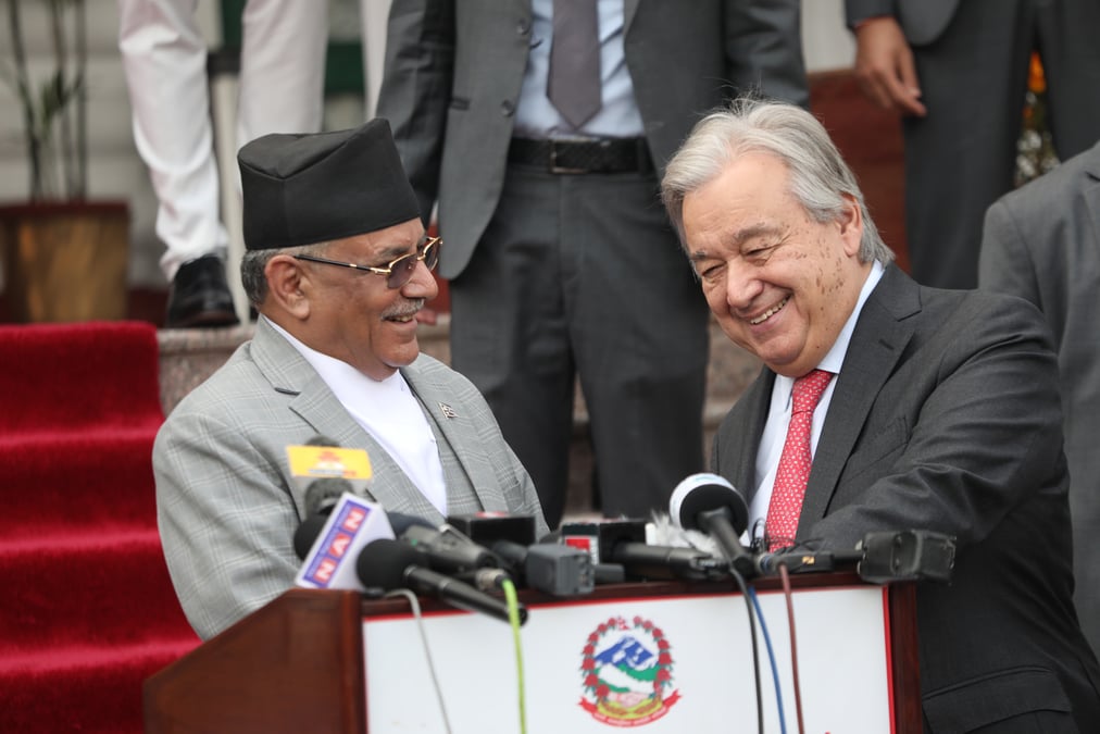 António Guterres with Prime Minister Pushpa Kamal Dahal. Photo: RATNA SHRESTHA/RSS