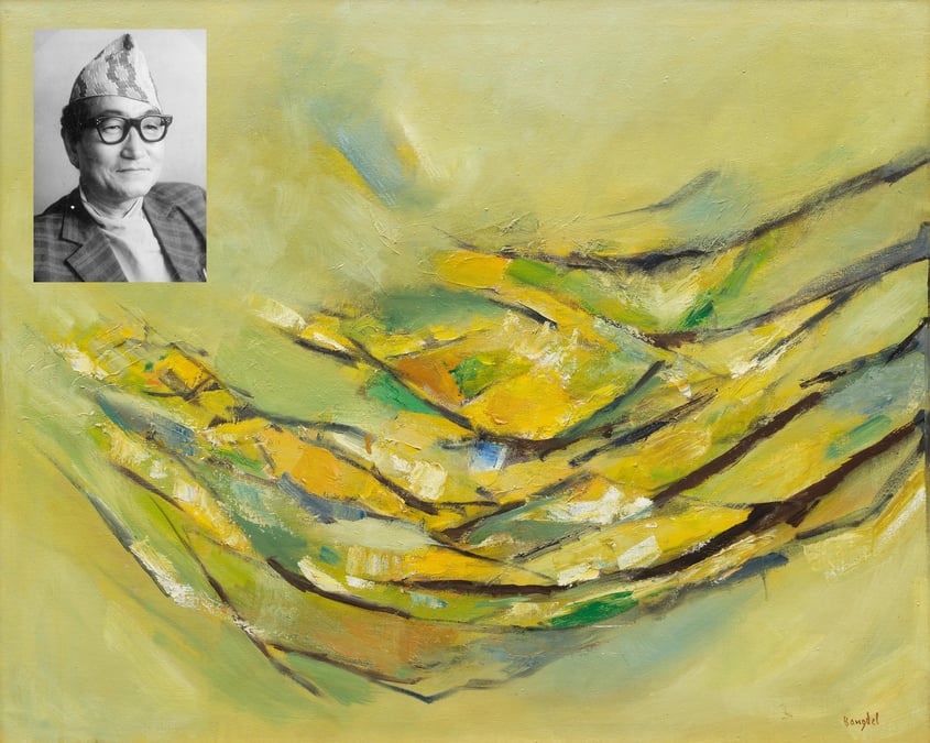 Kathmandu Valley, Oil on canvas. Lain Singh Bangdel (inset) highlights the Kathmandu Valley, and in doing so captures the juxtaposition between the bustling inner city and the calm surrounding landscape.