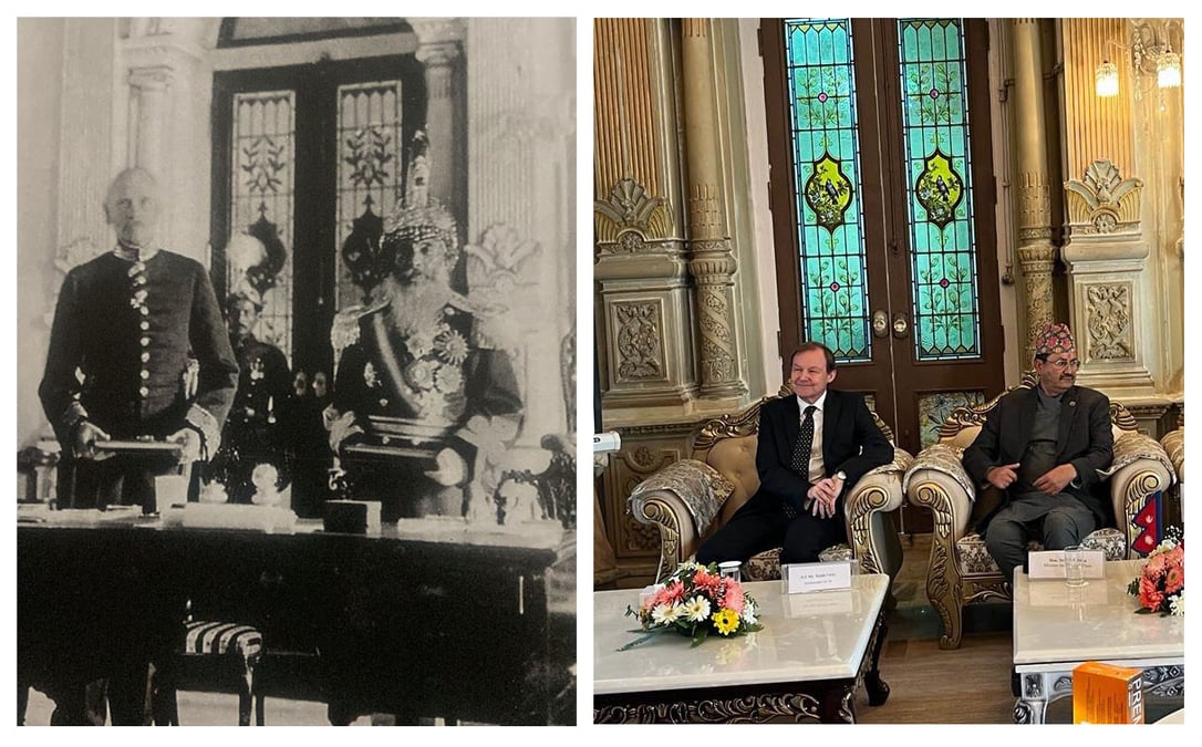 To mark the centenary of the 1923 Nepal-Britain Treaty, Foreign Minister N P Saud and British Ambassador Rob Fenn sit at the exact spot in Singha Darbar where it was signed on 21 December 100 years ago. Photos: KANAK MANI DIXIT