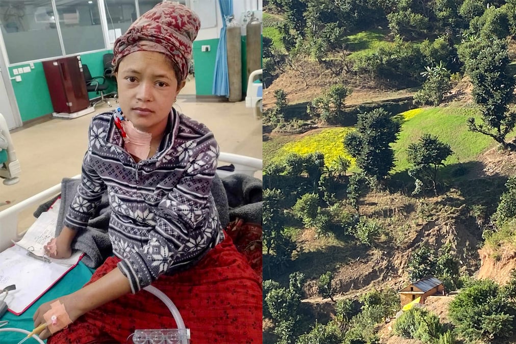 Sharmila Chadara in hospital in Surkhet. Photo courtesy of family. On the right, is the home (bottom) where Chadara lived in Nalgad Municipality. It was damaged in the earthquake but is still habitable.