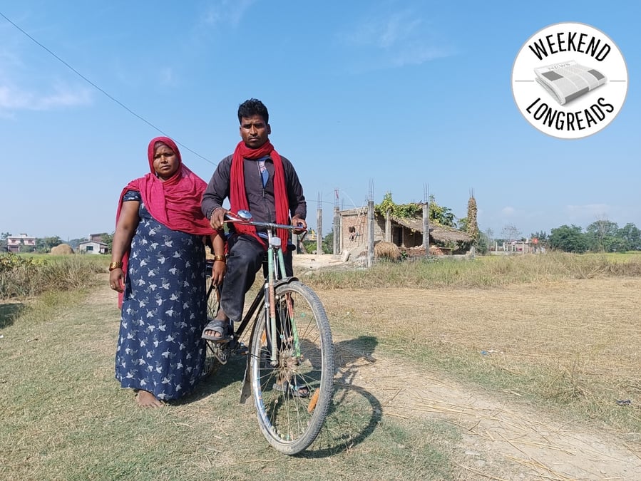 Mantola Netuwa and husband Bijay Prakash Netuwa with their house in the background. Bijay Prakash has been to Saudi Arabia twice but earnings weren't sufficient to prevent their ancestral occupation of begging. All photos: SONIA AWALE
