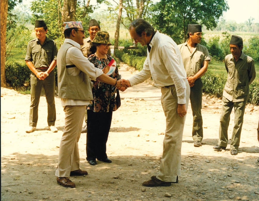 AV JIm Edwards greets King Birendra and Queen Aishwarya at Tiger Tops Lodge in May 1988.
