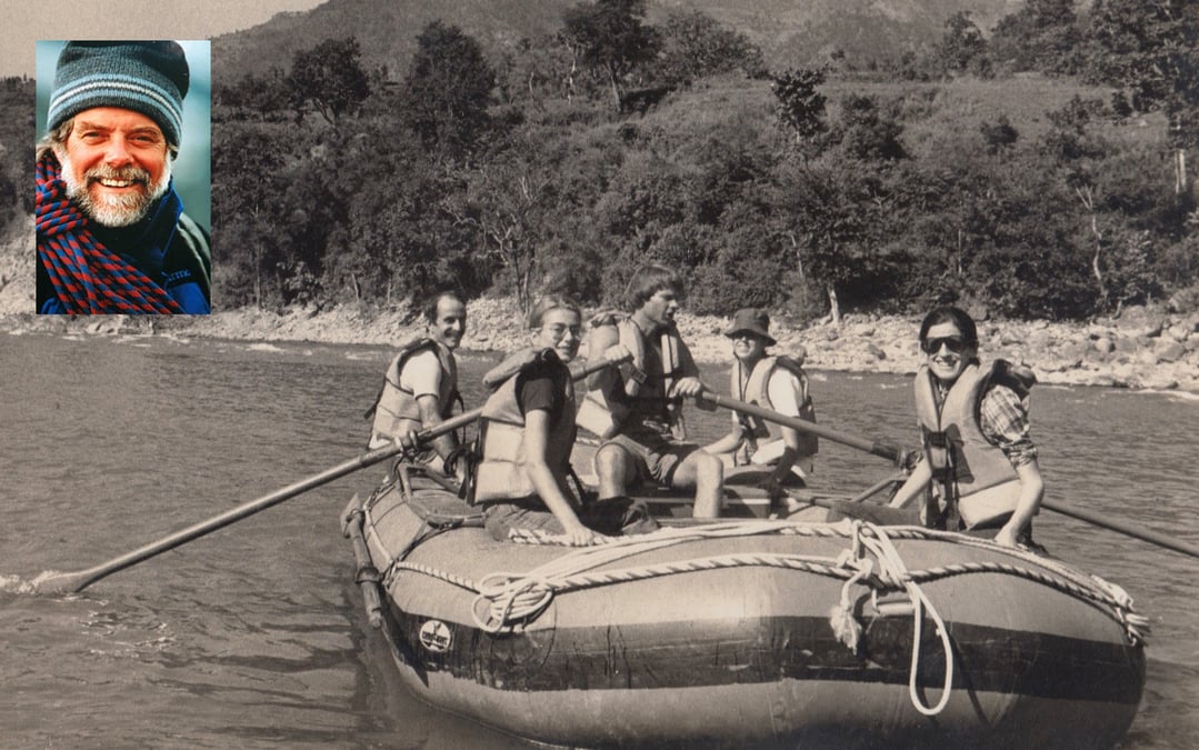 Mike Yager at the oars on an early descent of the Trisuli River with Lisa Choegyal and some New York guests. Inset: Al Read, 1936-2024.