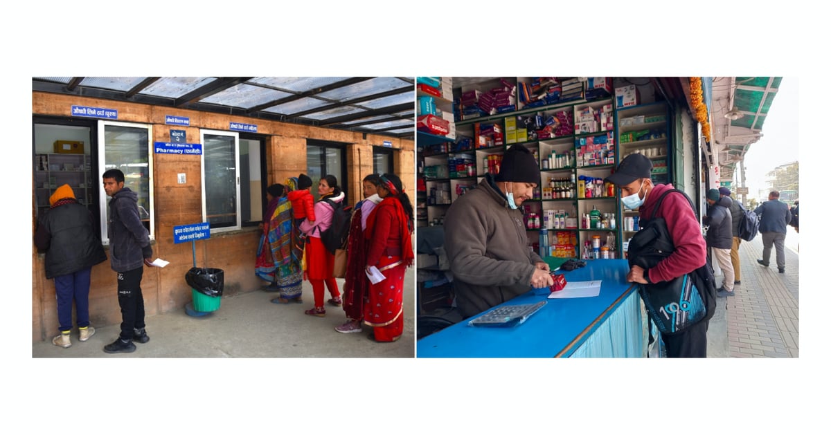 DRUG MONEY: Patients stand in line to purchase medicines at the Bayalpata Hospital Pharmacy in remote Achham District (left) and over the counter in Kathmandu (right).