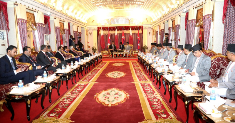 The delegation of Emir of Qatar Sheikh Tamim bin Hamad Al-Thani along with Nepali counterparts at Shital Niwas on Tuesday. Photo: RATNA SHRESTHA / RSS