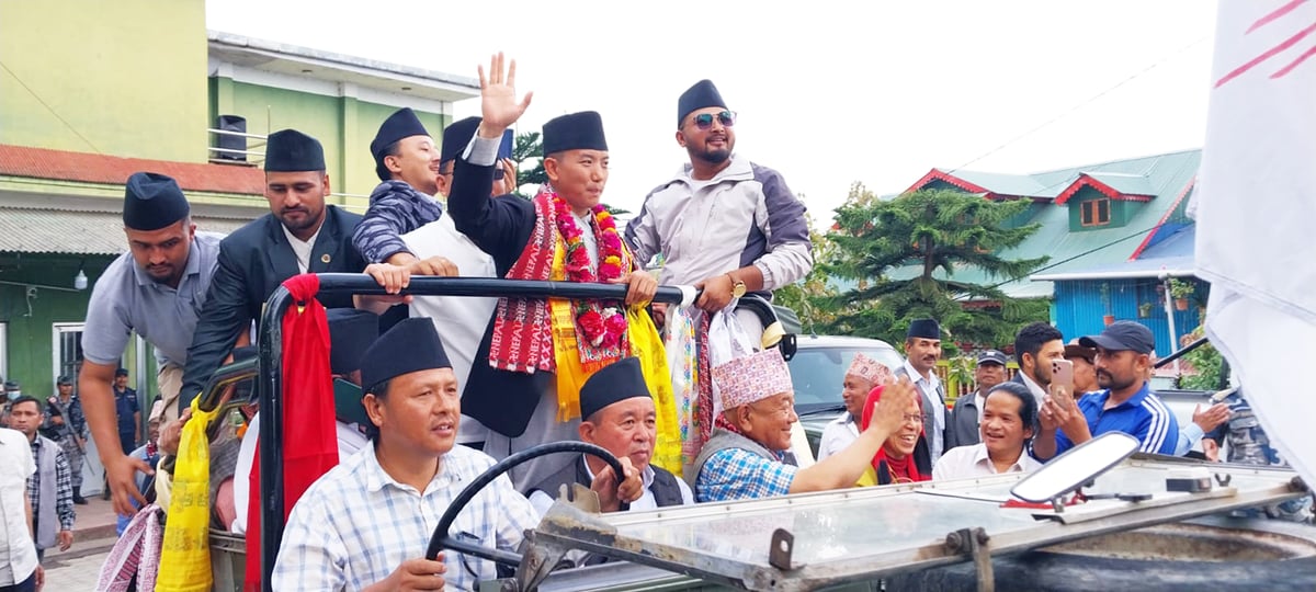 UML's Suhang Nembang addresses supporters after winning the by-election from Ilam-2 on 30 April. Photo: RAM KUMAR LIMBU/RSS