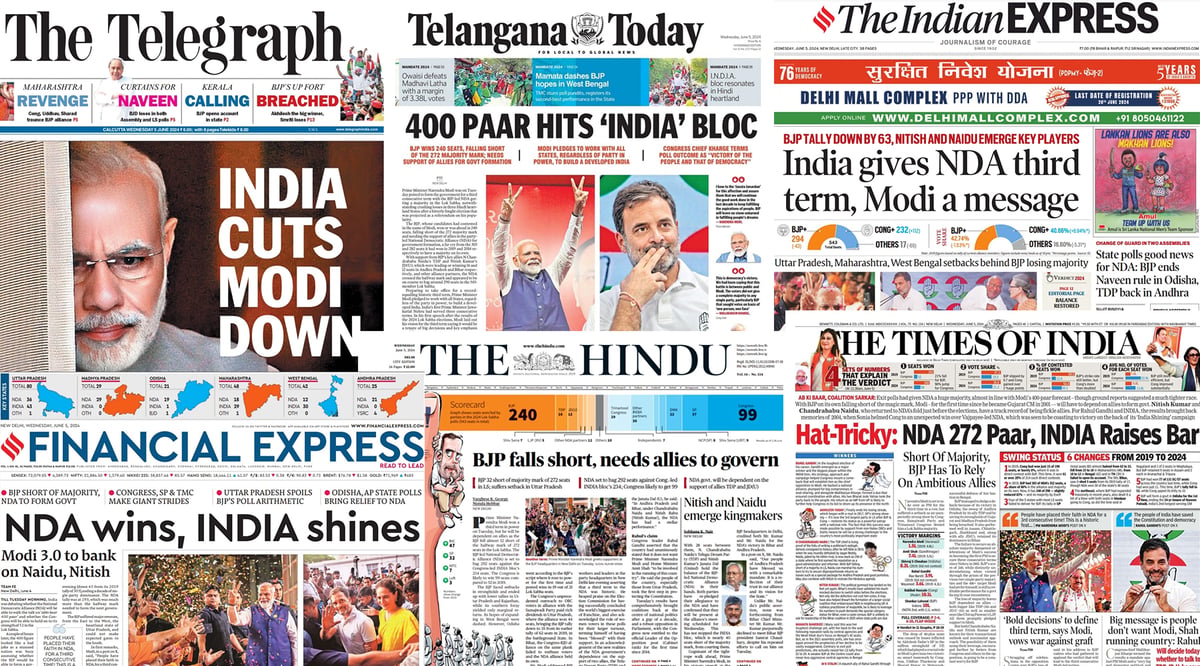 Front pages of the major Indian broadsheets following the results of the general election.