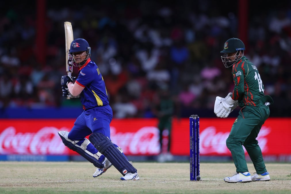 Nepal and Bangladesh in their last group stage match at the ICC T20 World Cup. Photos: ICC