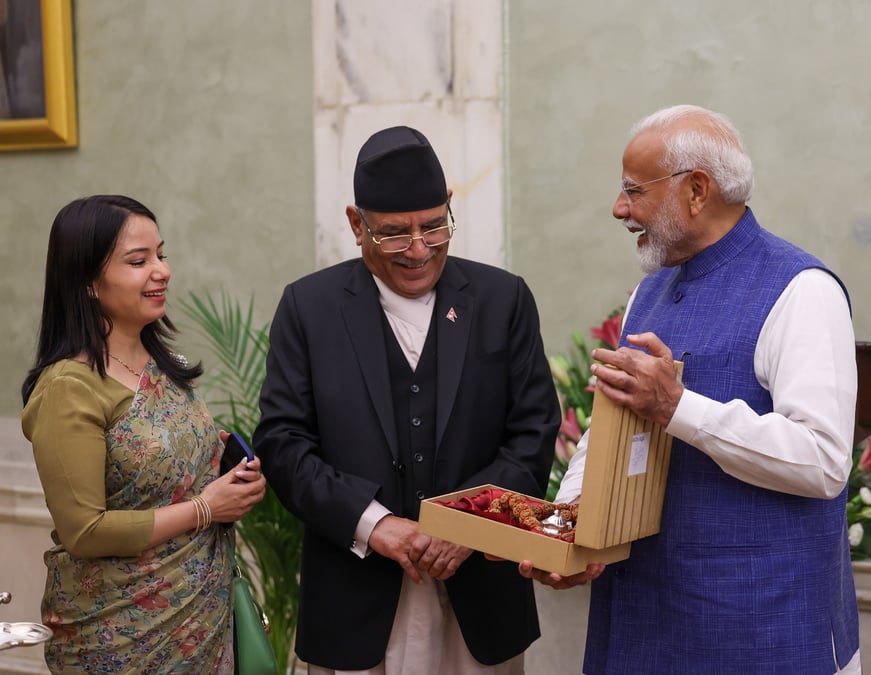 FROMNEPAL WITH LOVE: Prime Minister Pushpa Kamal Dahal presenting a sacred rudraksha garland to his Indian counterpart Narendra Modi after the latter's swearing in in Delhi last week. Photo: EMBASSY OF INDIA KATHMANDU / X