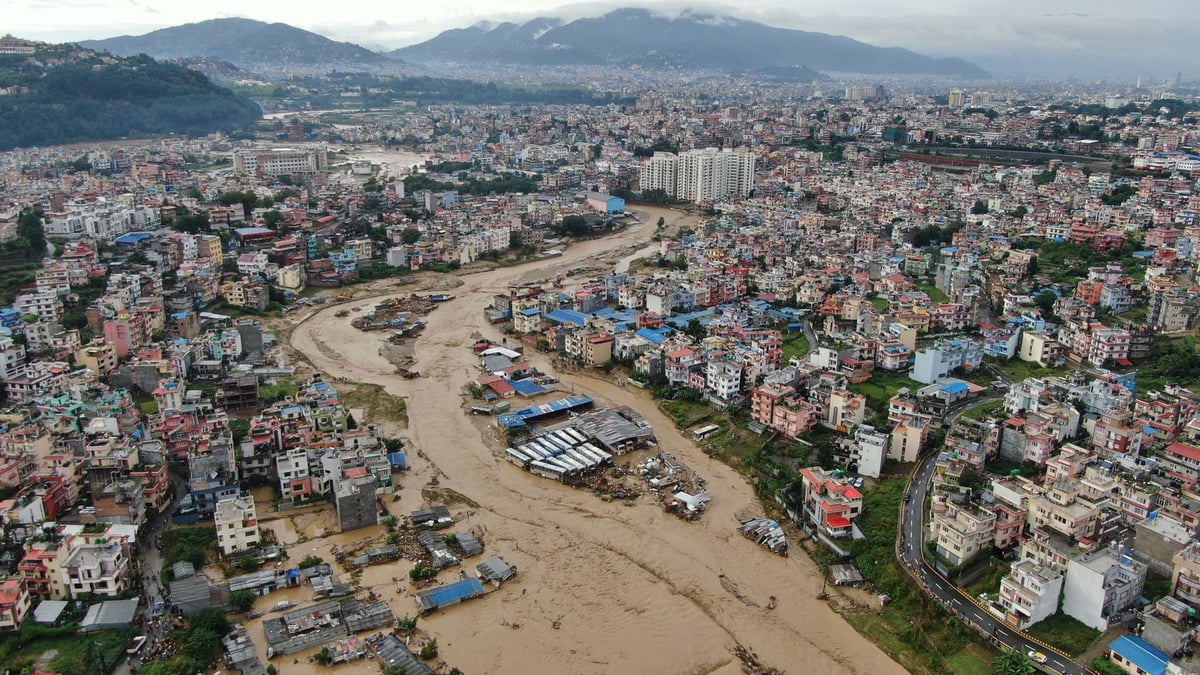 A drone view shows the aftermath of the flood in Nakkhu area in the southern parts of Kathmandu Valley. Photo: GOPEN RAI