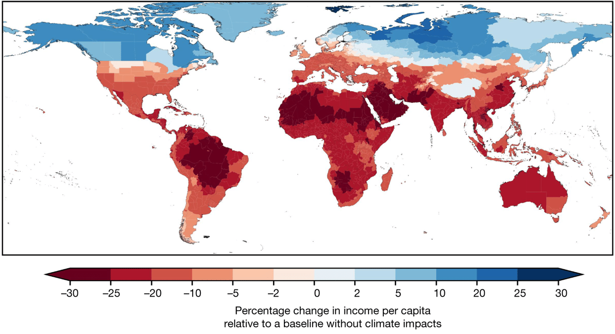 Estimated median income loss or gain per person by 2050 due to climate change, compared to a scenario with no climate impacts (red colour indicates a loss, blue colour a gain). Photo: WIKIMEDIA