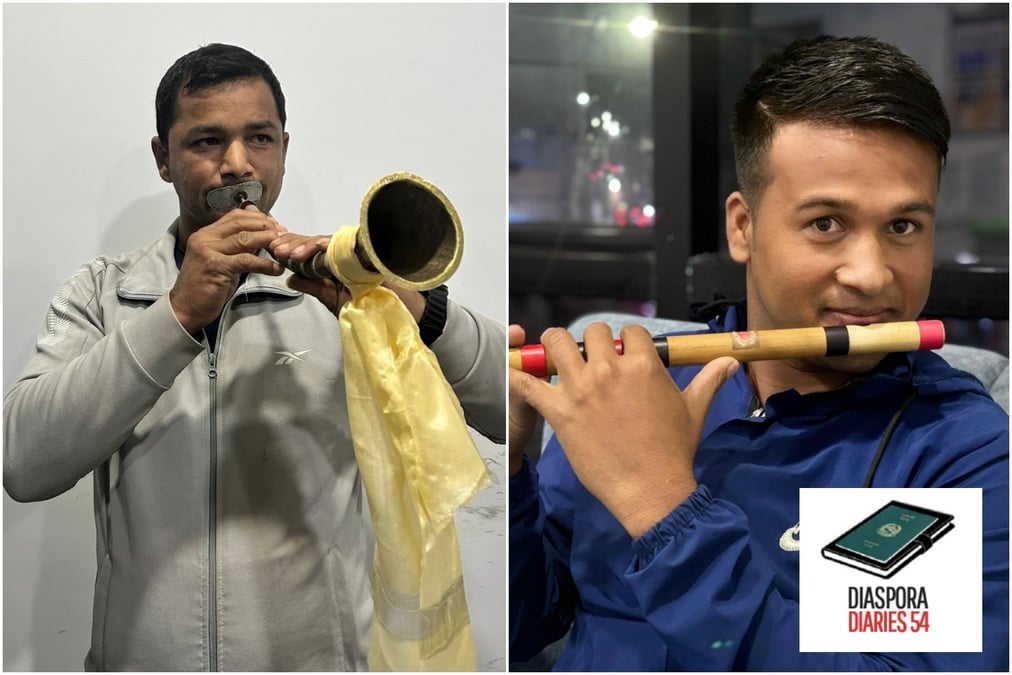 WIND INSTRUMENTS: Deepak Darji (left) practices his shehnai in Qatar so that he does not get rusty, and so he can perform at events for a living when he returns to Nepal. Kumar BK (right) demonstrates his flute-playing skills in Kathmandu before he heads out to Qatar again.