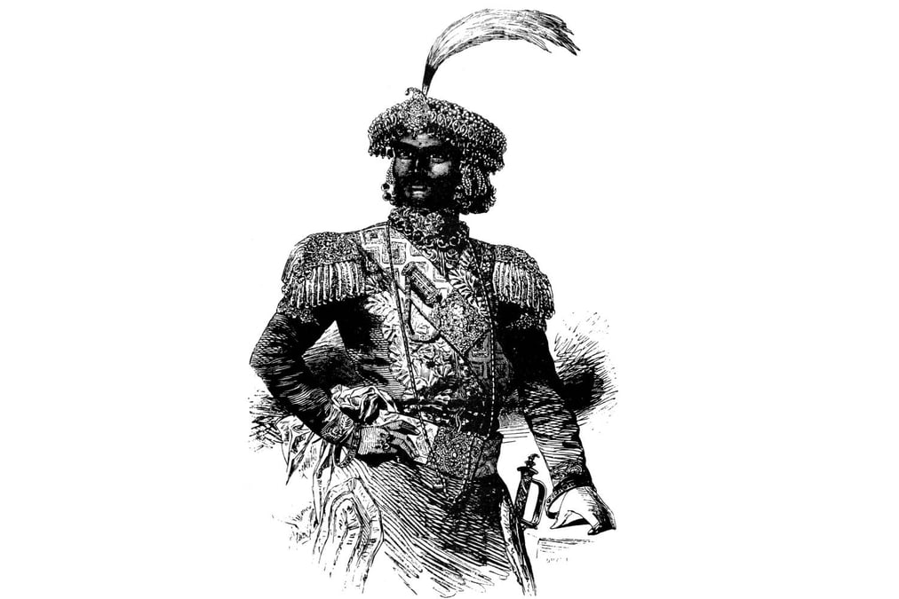 A hand-drawn illustration of Jang Bahadur Rana upon his arrival on Southampton port on 2 May 1850, printed on the front page of the Illustrated London News.