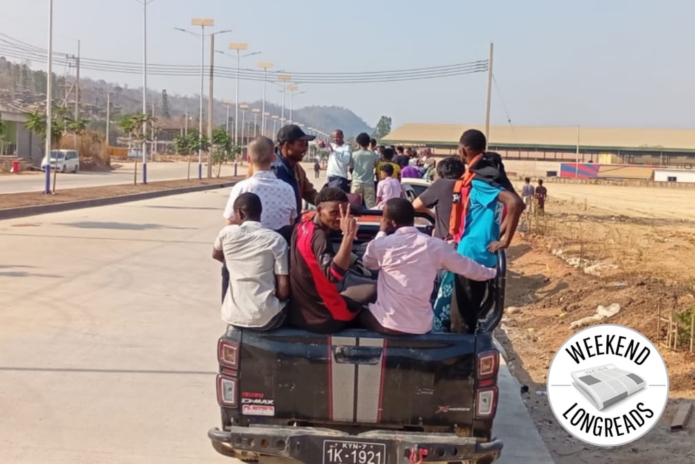 KIDNAPPED: Nepali and other nationalities being driven to the Thai border by the Karen Army in Burma after their recent rescue from a Chinese-run scam camp.