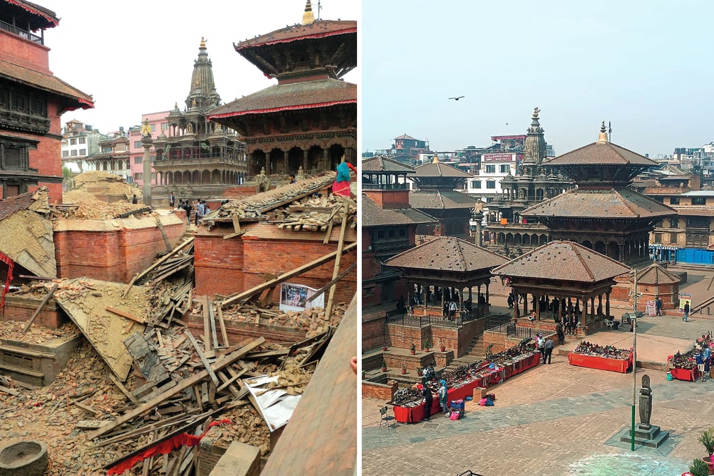 MONUMENTAL LOSS: Patan’s Manga Hiti and Krishna Mandir at 3:30PM on 25 April 2015 (left) and on Thursday morning (right). All the temples destroyed and damaged in the palace square have been rebuilt.