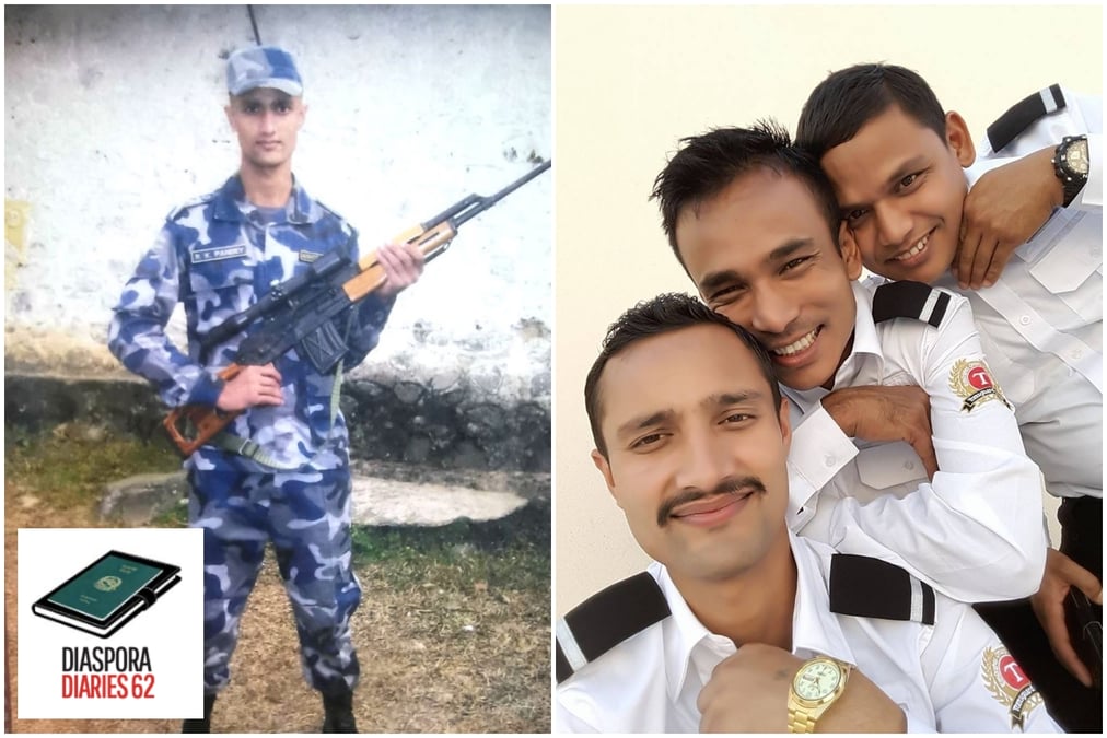 FAR AWAY: Aman Eakal as an Armed Police Force soldier in Nepal during the Maoist conflict (left), and with fellow Nepali security guards in Dubai in 2015, when the earthquake struck Nepal (right).