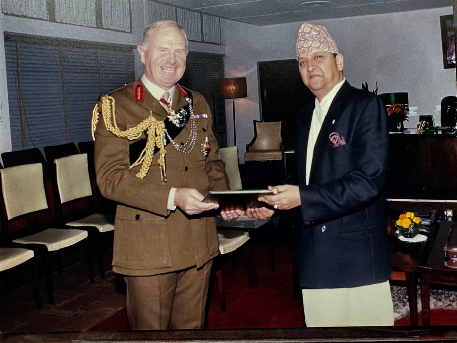 HIS MAJESTY: Retired British Army General Sir Sam Cowan with King Gyanendra in 2002 at the Royal Palace in Kathmandu.
