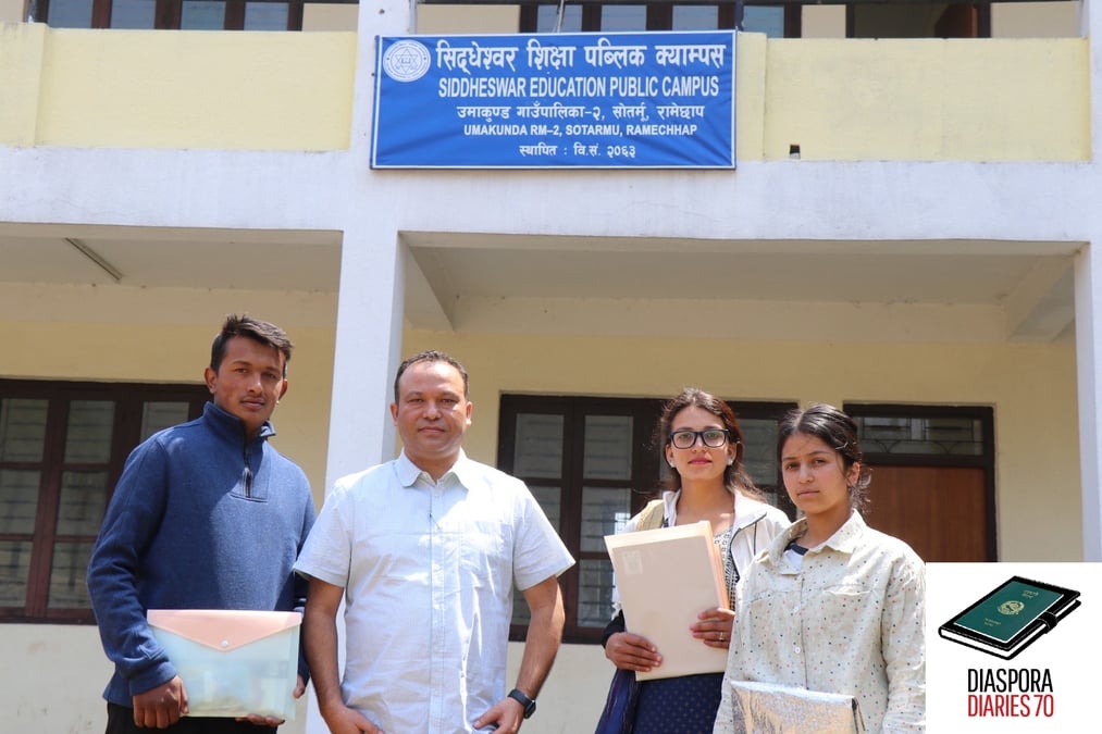 HELPING HANDS: Buddha Baraili with the three students he now supports financially to purse their undergrad education, like he himself was sponsored by a German couple.