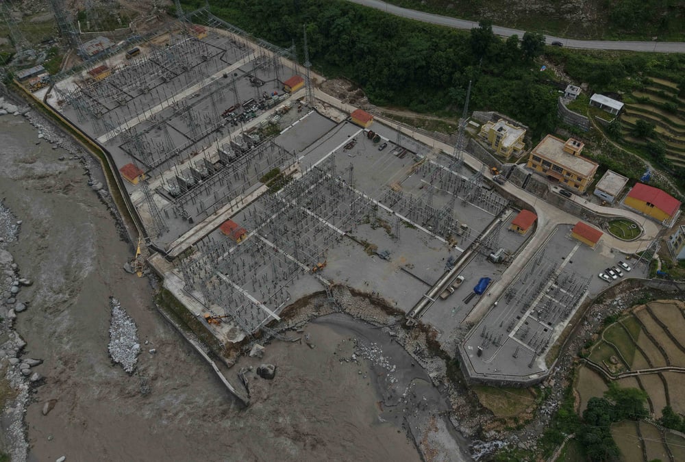 Drone image of the Trisuli substation damaged by the Rasuwa flood on the Nepal-China border last week. Some 230MW of generation capacity was slashed when several hydropower plants in the areas sustained damages. Photo: PRAKASH CHANDRA TIMILSENA / NPL