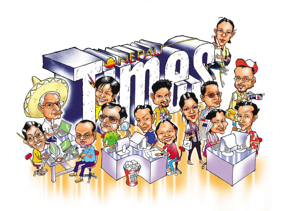 SUBHAS RAI'S RENDITION OF THE NEPALI TIMES NEWSROOM FOR THE PAPER'S FIRST ANNIVERSARY IN 2001. FROM L-R: ANAGHA NEELKANTAN, KUNDA DIXIT, BINOD BHATTARAI, SUBHAS RAI, C K LAL, ALOK TUMBAHANGPHEY, HEMLATA RAI, SALIL SUBEDI, SUNAINA SHAH, ANUP BARAL, SWASTI RAJBHANDARI, KIRAN MAHARJAN, MIN BAJRACHARYA, RAMYATA LUMBU.
