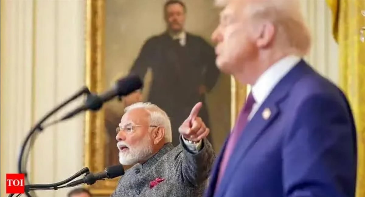 NO PUSHING: Indian Prime Minister Narendra Modi gesturing towards US President Donald Trump during happier times in February in Washington. This photograph has been widely circulated in India after Trump’s stance against New Delhi on trade, and taking credit for ending the conflict with Pakistan.