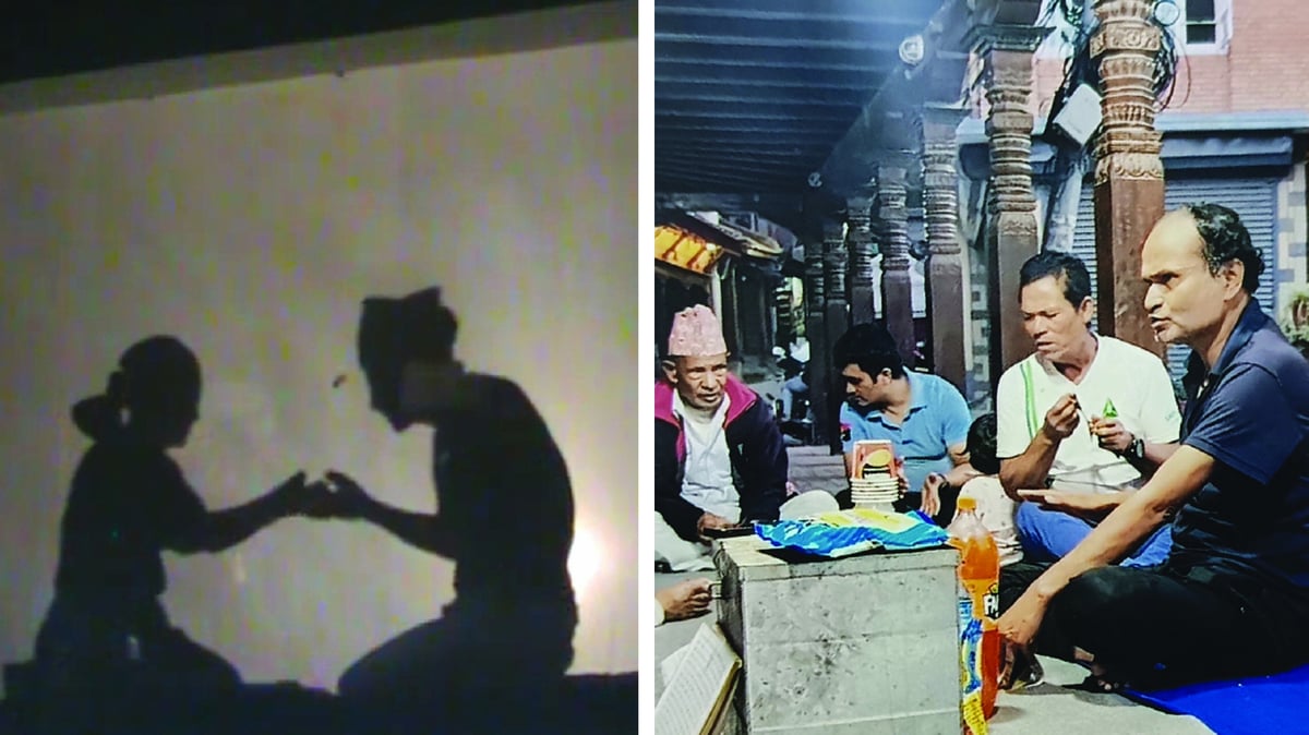 Hidden in plain sight: Jhyalcha Pyankha (left, photo: YOUTUBE), an explicit shadow play exposing king Yog Narendra Malla's affair with a local Patan girl, comissioned by his favourite queen, performed in tune with bhanjan (right, photo: KWELACHHI TOLE SUDHAR SAMITI).