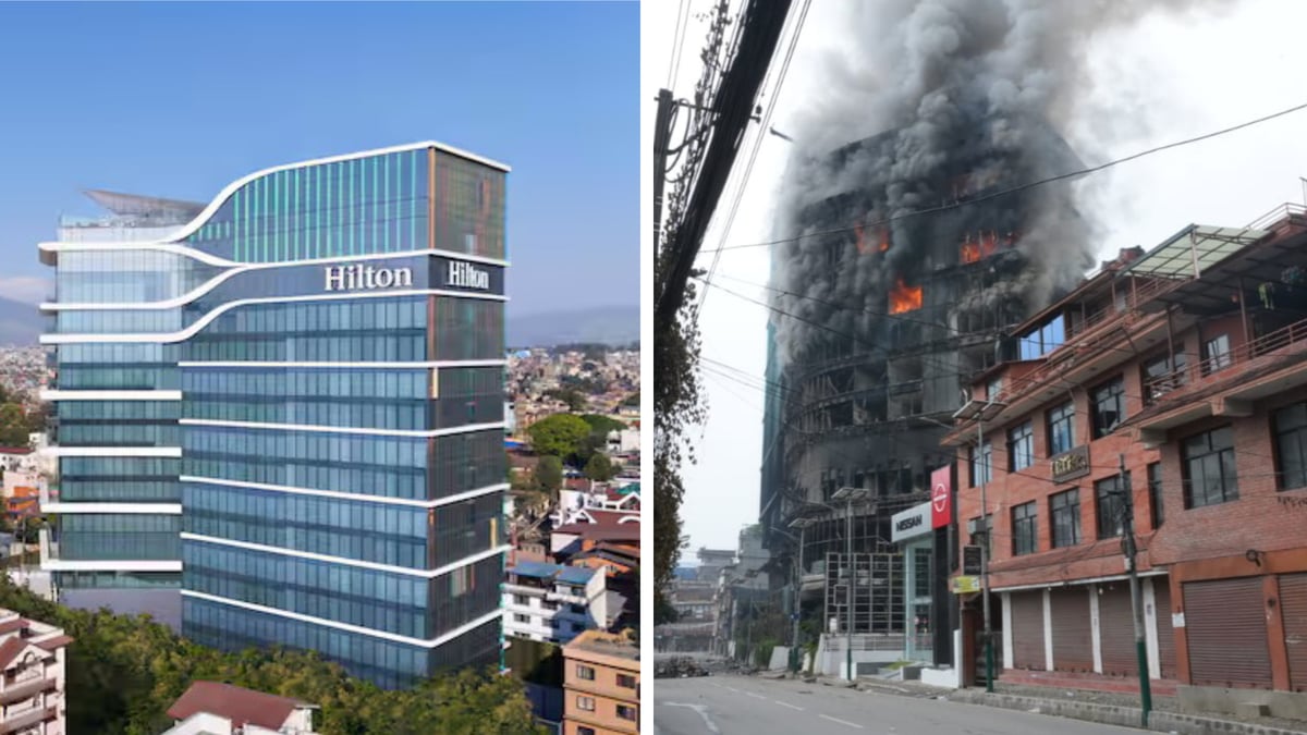 BEFORE AND AFTER: Hilton Hotel in Naxal which was set ablaze on 9 September by protesters still burning two days later. Photo: HILTON KATHMANDU (left), NEPAL PICTURE LIBRARY (right).