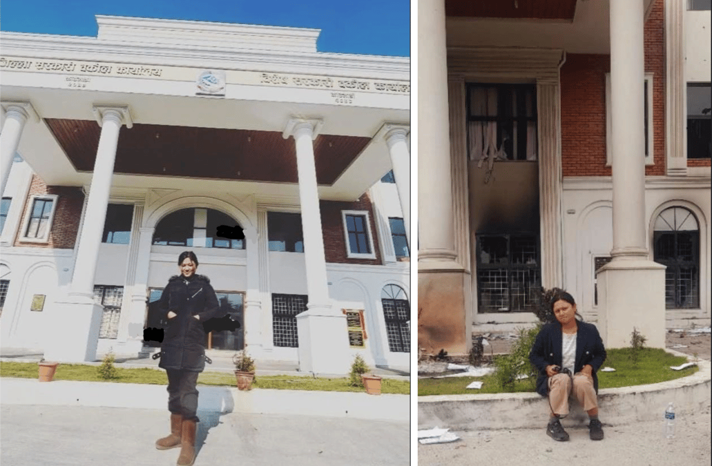 Government Attorney Mamata Shrestha at the newly-built Special Government Attorney's Office in Kathmandu last year (left), and this week after arsonists set fire to the building and destroyed thousands of case files of criminals.