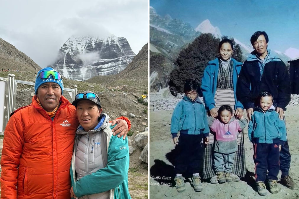 Left: Nima Tshiring's only daughter Mingma Yanjin and her husband Lhakpa Chhiri Sherpa. Right: Panuru Sherpa with his family in Khumbu.