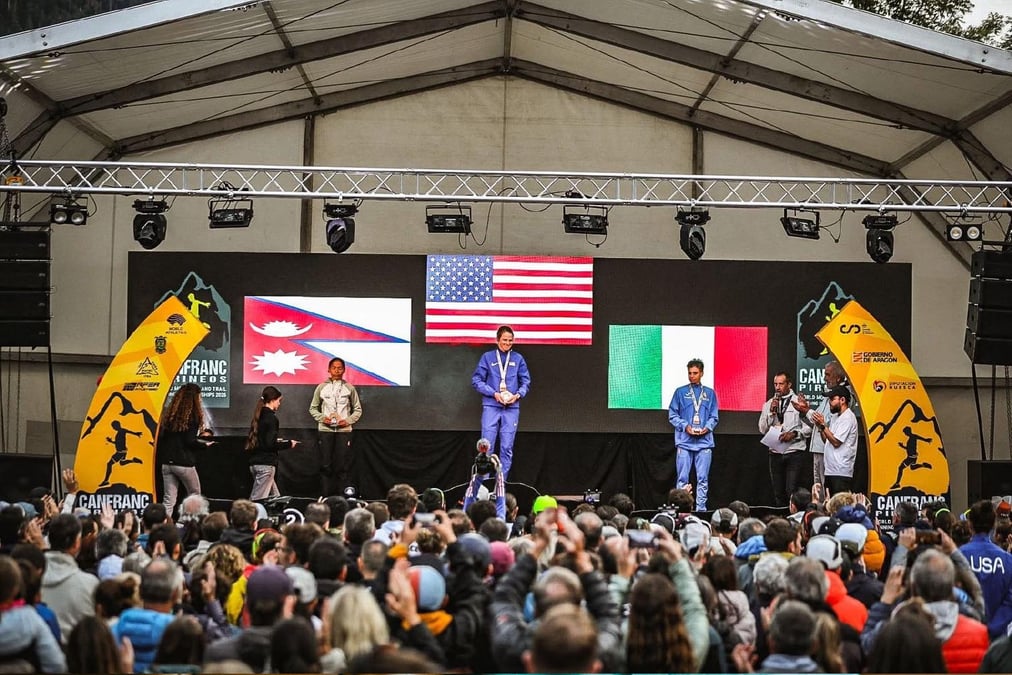 Katie Schide (USA), Sunmaya Budha (Nepal) and Fabiola Conti (Italy) after winning the Women’s Long Trail in Canfranc-Pirineos at the World Mountain and Trail Running Championships in Spain last month. Photo: CAN FRANC