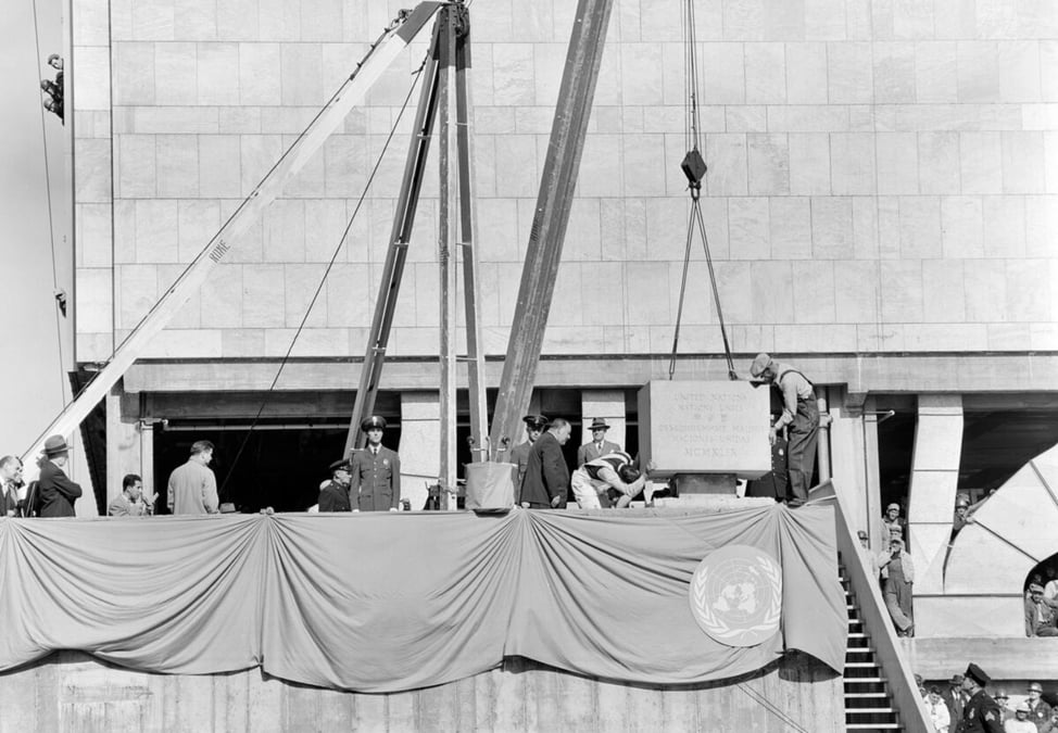 The corner-stone of the UN headquarters building in New York was laid on UN Day 24 October 1949 at a special open-air General Assembly meeting. Photo: UN PHOTOS