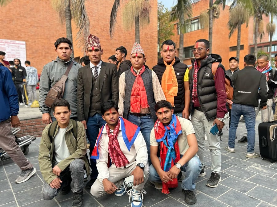 Jeevan Shahi, Janak Bahadur Singh, Khadak Singh and friends at the airport before leaving for Malaysia.