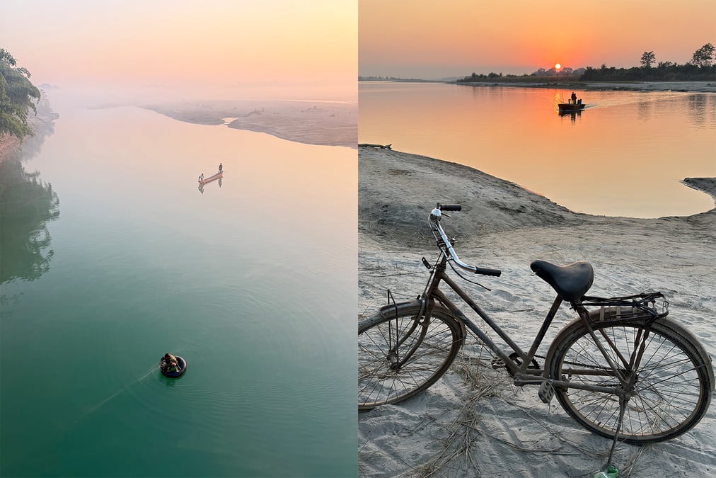 SA KARNALI: Fisherman pulling in their nets in the Karnali in Rajapur area in Bardia. (Right) Traditional ferry crossing on the Karnali in southern Bardia. Photo by Thomas Kelly. All photos: THOMAS KELLY