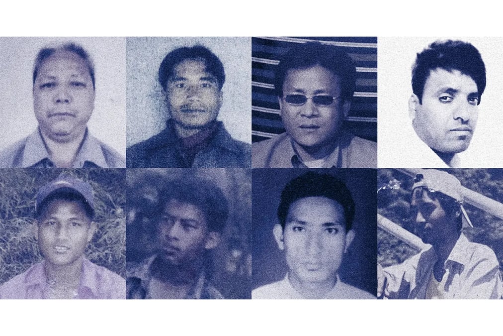 Top row: Lok Bahadur Ghaley; Rinzin Wangdi; Chandra Raj Rai; Kumar Gautam. Bottom row: San Man Gurung; Birkha Bdr Chhetri; Omnath Adhikari; Chaturman Tamang. Photo: HUMAN RIGHTS WATCH