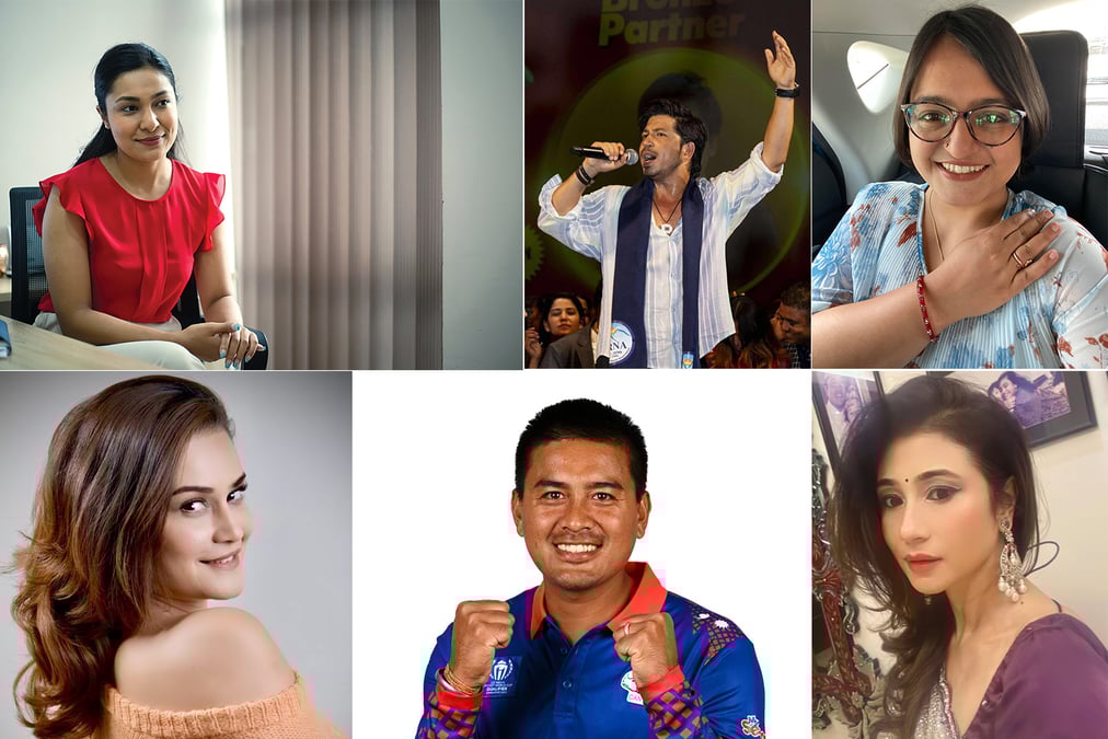 Popular names in the RSP\'s Proportional Representation (PR) list (l-r clockwise): former Miss Nepal Anuska Shrestha, singer Saput, former Kathmandu mayoral candidate Ranju Darshana, executive director of Goldstar shoes Vidhusi Rana, former captain of the Nepal national cricket team Gyanendra Malla and actress Reema Bishwokarma.