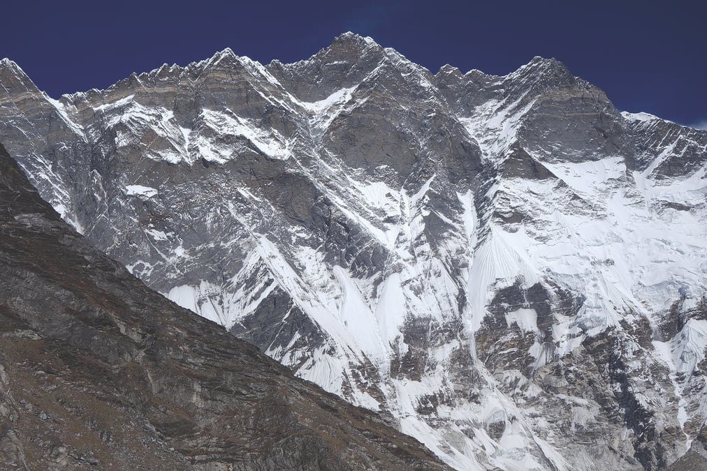 The South Wall of Lhotse with Lhotse Middle (centre) and Lhotse Shar (right) from Island Peak. Photo: EDWARD MORGAN