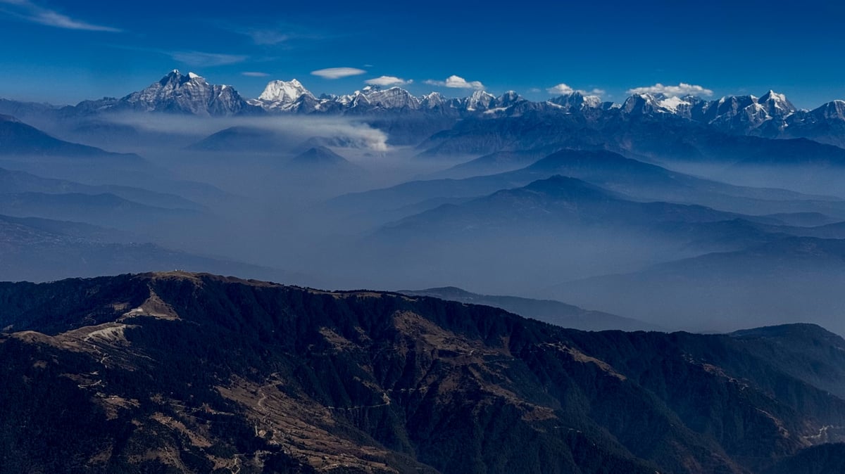 WHERE THERE IS SMOKE: Wildfire smoke billowing below Mt Gauri Shankar in February 2025.