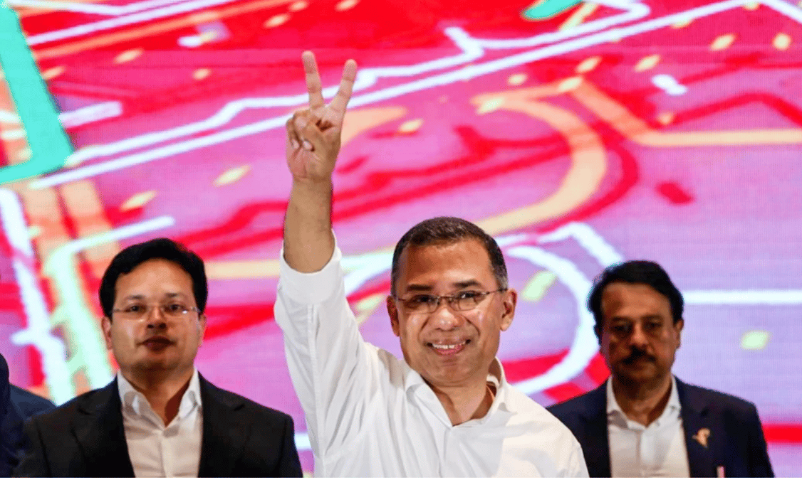 V for VICTORY: Tarique Rahman of the Bangladesh National Party (BNP) after he was declared the winner of the election this week. Photo: DHAKA TRIBUNE