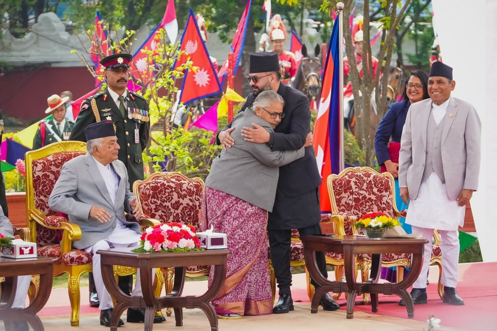 HUGS: Interim Prime Minister Sushila Karki and her elected successor Balendra Shah embrace after he was sworn in by President Ram Chandra Poudel in Kathmandu on Friday. All photos: AMIT MACHAMASI