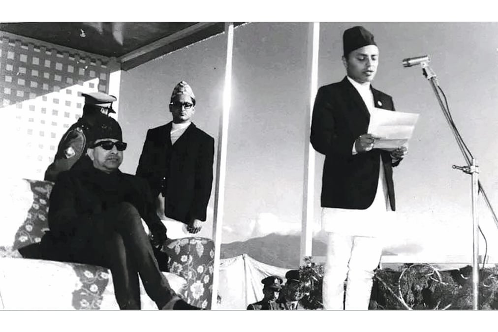 58 YEARS AGO: King Mahendra listening to Bhekh Bahadur Thapa in 1968 at the inauguration of the National Insurance Company while he was a 30-year-old member secretary of the National Planning Commission.